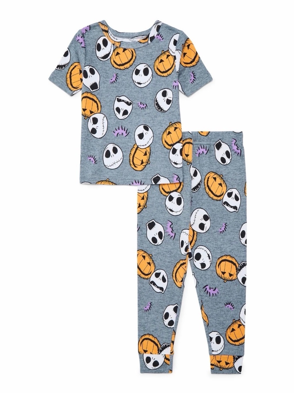 Disney Gray Halloween Pajama Set with Orange Pumpkins & White Skulls